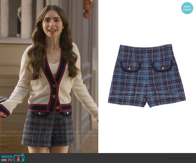 Sandro Uman Tweed Mini Shorts worn by Emily Cooper (Lily Collins) on Emily in Paris