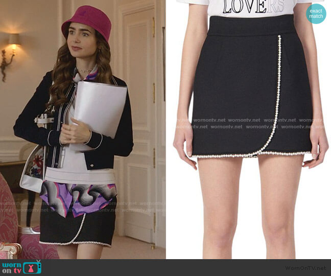 Sandro Vicky Simulated Pearl-Trimmed Mini Skirt worn by Emily Cooper (Lily Collins) on Emily in Paris