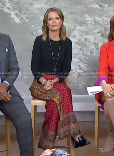 Savannah’s red mixed print wide-leg pants on Today