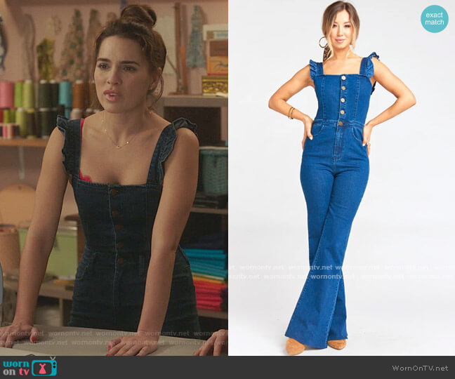 Show me your Mumu Rhea Denim Jumpsuit worn by Ginger Sweet (Melia Kreiling) on Filthy Rich
