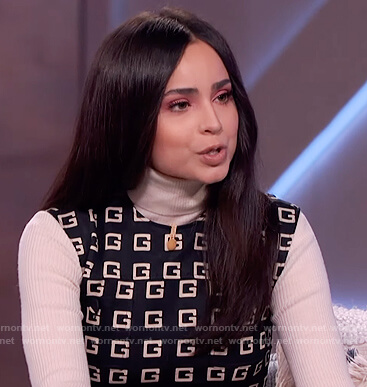 Sofia Carson’s black Gucci logo vest and pants on The Kelly Clarkson Show
