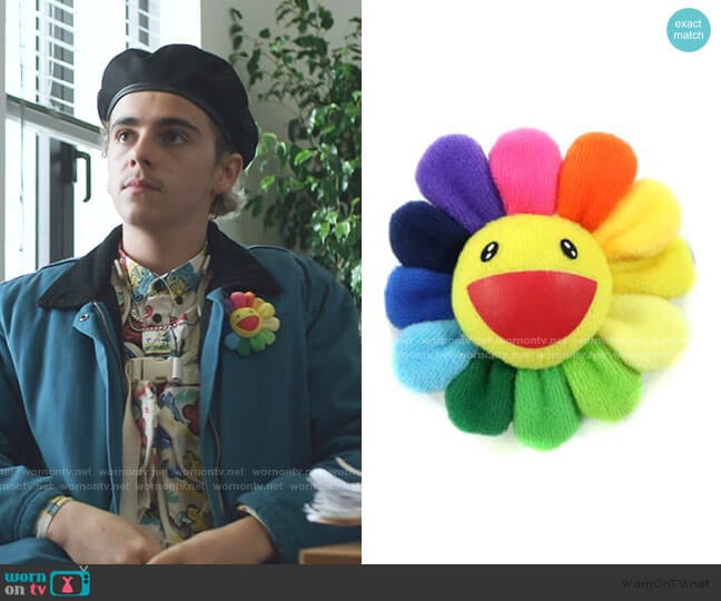 Takashi Murakami Sun Flower Plush Brooch worn by Fraser Wilson (Jack Dylan Grazer) on We Are Who We Are