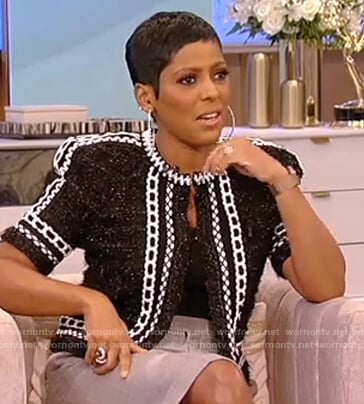 Tamron’s black tweed contrast jacket on Tamron Hall Show