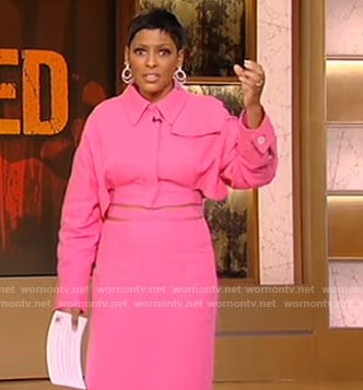 Tamron’s pink cropped jacket and skirt on Tamron Hall Show