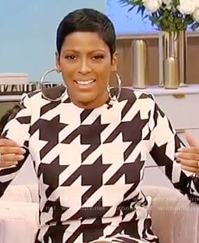 Tamron’s houndstooth print shift dress on Tamron Hall Show
