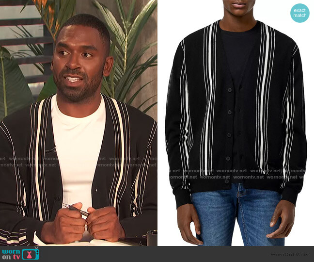 The Kooples Cotton Blend Striped Cardigan worn by Justin Sylvester on E! News