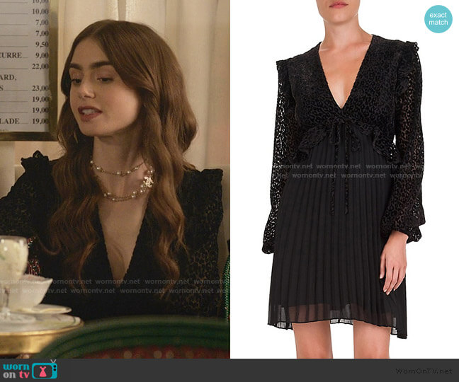 The Kooples Flock Leopard-Print Dress worn by Emily Cooper (Lily Collins) on Emily in Paris