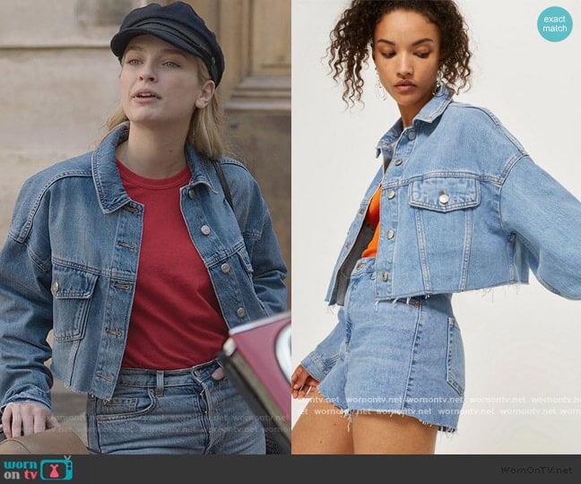 Topshop Hacked Off Crop Denim Jacket worn by Camille (Camille Razat) on Emily in Paris