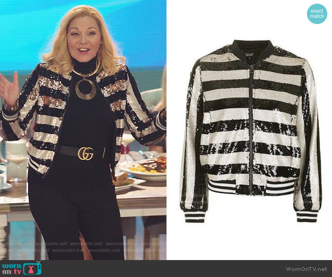 Topshop Stripe Sequin Bomber Jacket worn by Margaret Monreaux (Kim Cattrall) on Filthy Rich