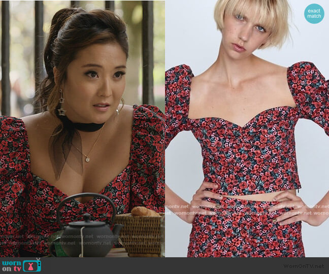 Zara Floral Puff Sleeve Top worn by Mindy Chen (Ashley Park) on Emily in Paris