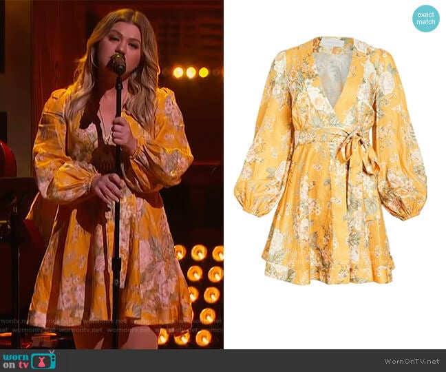 Zimmermann Amelie Floral Linen Wrap Dress worn by Kelly Clarkson on The Kelly Clarkson Show