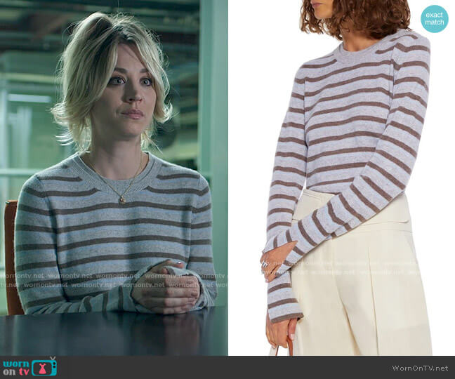3.1 Phillip Lim Striped cashmere-blend sweater worn by Cassie Bowden (Kaley Cuoco) on The Flight Attendant
