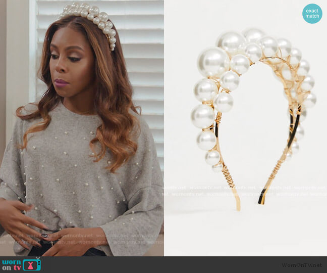 ASOS headband with double row pearls in gold tone worn by Candiace Dillard Bassett on The Real Housewives of Potomac