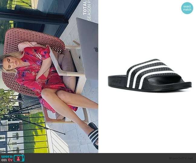Adidas Adilette striped slides worn by Khloe Kardashian on Keeping Up with the Kardashians