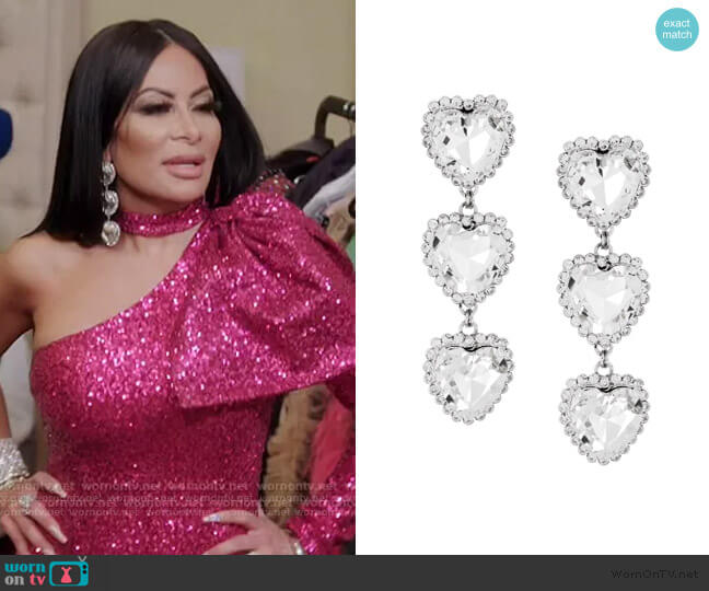 Alessandra Rich Crystal Triple Heart Earrings worn by Jen Shah on The Real Housewives of Salt Lake City