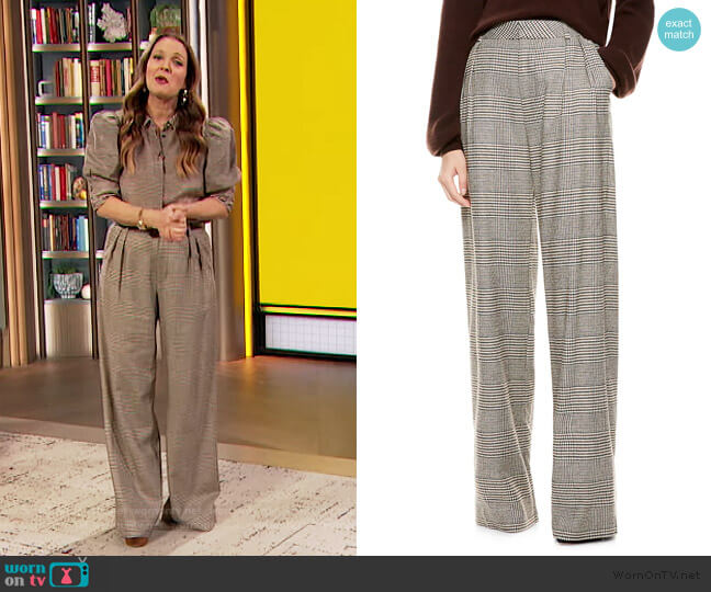Alice + Olivia Eric High-Waist Prince Of Wales Check Wool-Blend Pants worn by Drew Barrymore on The Drew Barrymore Show
