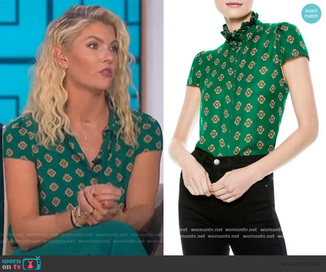 Alice + Olivia Juliette Ruffle Mock Neck Blouse worn by Amanda Kloots on The Talk