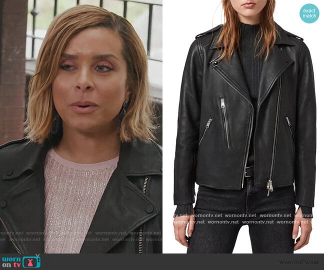 All Saints Elva Lambskin Leather Biker Jacket worn by Robyn Dixon on The Real Housewives of Potomac