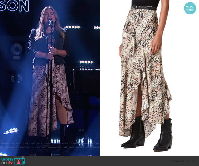 All Saints Raya Arietta Animal Print Skirt worn by Kelly Clarkson on The Kelly Clarkson Show