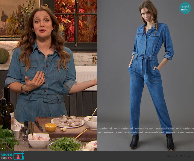 Anthropologie Pilcro Classic Denim Jumpsuit worn by Drew Barrymore on The Drew Barrymore Show