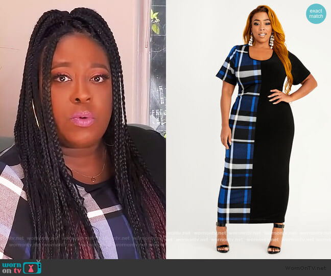 Ashley Stewart Plaid Colorblock Bodycon Midi Dress worn by Loni Love on The Real