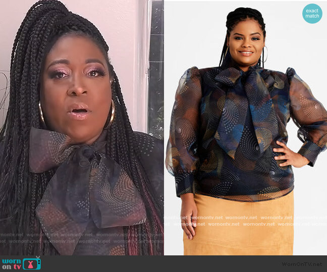 Ashley Stewart Swirl Organza Tie Neck Top worn by Loni Love on The Real
