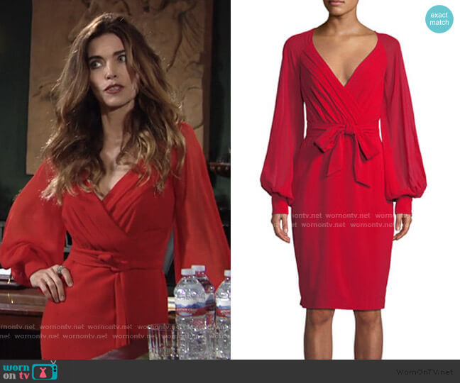 Badgley Mischka V-Neck Blouson-Sleeve Faux-Wrap Cocktail Dress worn by Victoria Newman (Amelia Heinle) on The Young and the Restless