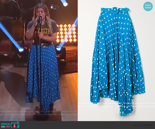 Balenciaga Belted asymmetric pleated polka-dot crepe midi skirt worn by Kelly Clarkson on The Kelly Clarkson Show