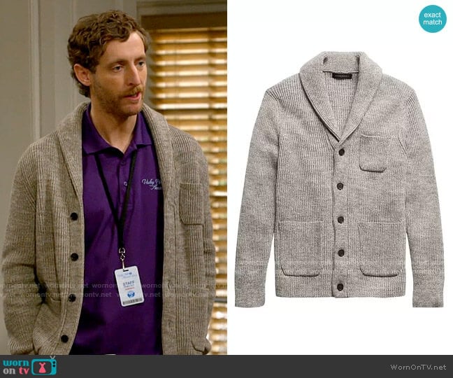 Banana Republic SUPIMA® Cotton Cardigan Sweater in Gray Marl worn by Drew Dunbar (Thomas Middleditch) on B Positive