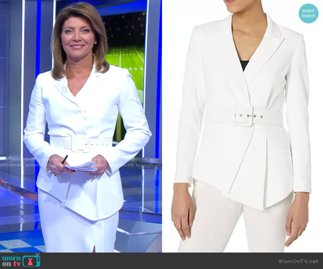 Tahari ASL Belted Asymmetrical Crepe Blazer worn by Norah O'Donnell on CBS Evening News