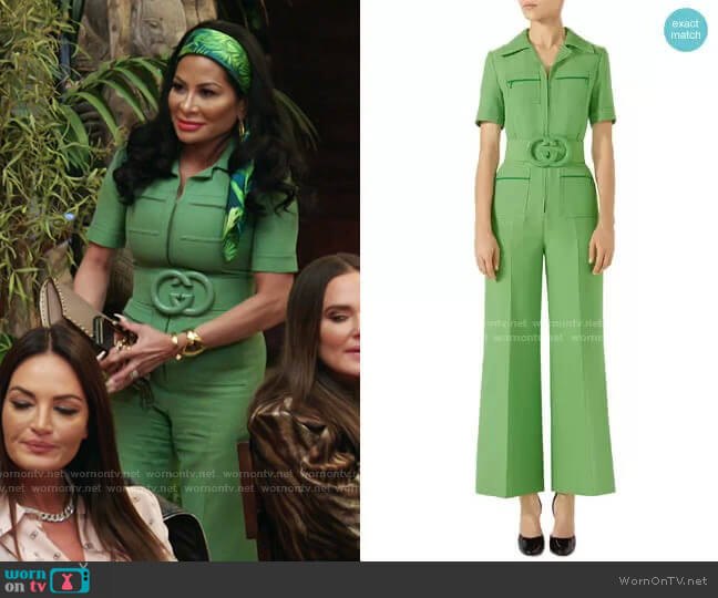 Gucci Belted Wide Leg Wool & Silk Cady Jumpsuit worn by Jen Shah on The Real Housewives of Salt Lake City