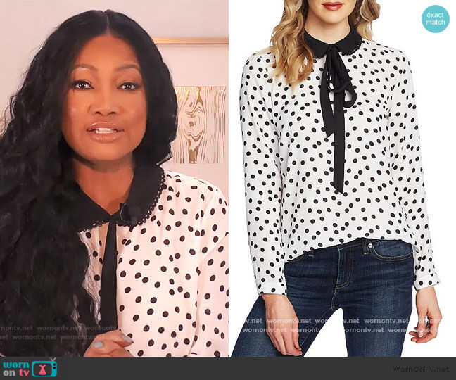 CeCe Long Sleeve Peter Pan Contrast Collar Dotted Blouse worn by Garcelle Beauvais on The Real
