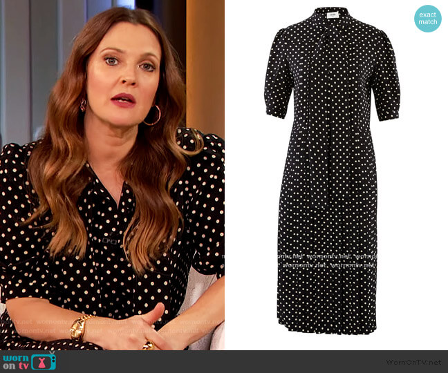 Celine Polka-dot printed silk ascot tie pleated midi dress worn by Drew Barrymore on The Drew Barrymore Show
