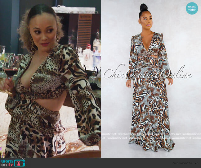 Chic Couture Goldie Leopard Print V-Neck Back Lace-Up Maxi Dress worn by Ashley Darby on The Real Housewives of Potomac