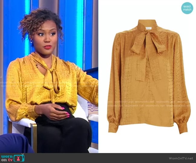 Anine Bing Delilah Tie-Neck Jacquard Blouse worn by Janai Norman on Good Morning America
