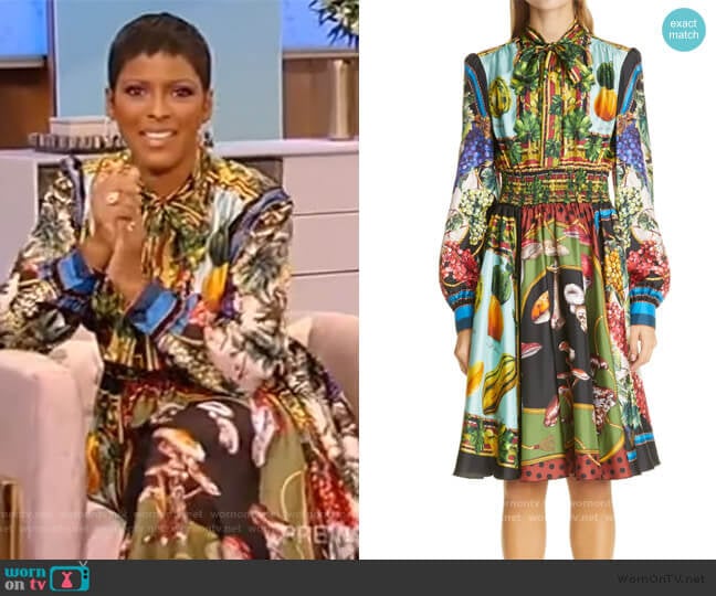 Dolce and Gabbana Fruit Print Silk Long Sleeve Minidress worn by Tamron Hall on Tamron Hall Show