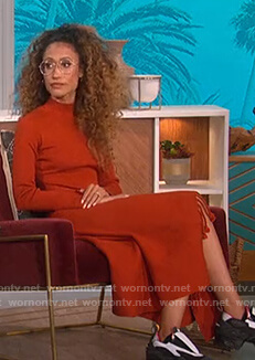 Elaine Welteroth’s orange fringe trim dress on The Talk