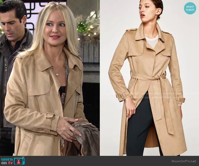 Zara Faux Suede Trench Coat worn by Sharon Newman (Sharon Case) on The Young and the Restless