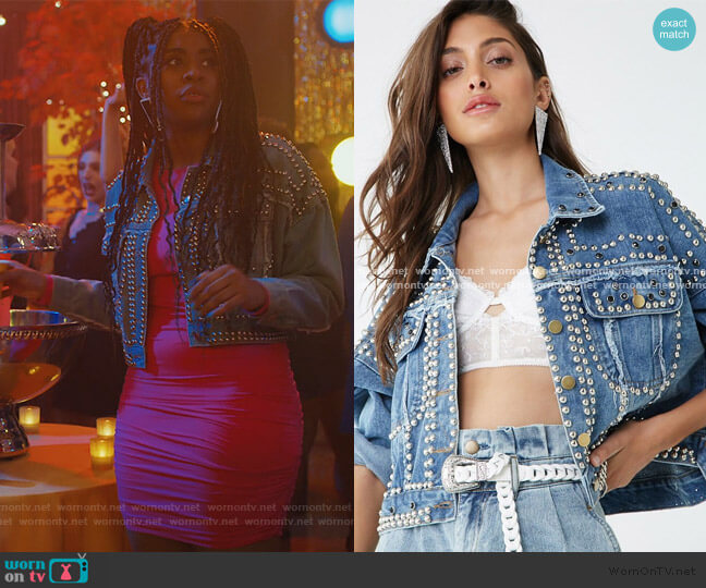 Forever 21 Studded Denim Jacket worn by Aisha (Alycia Pascual-Pena) on Saved By The Bell
