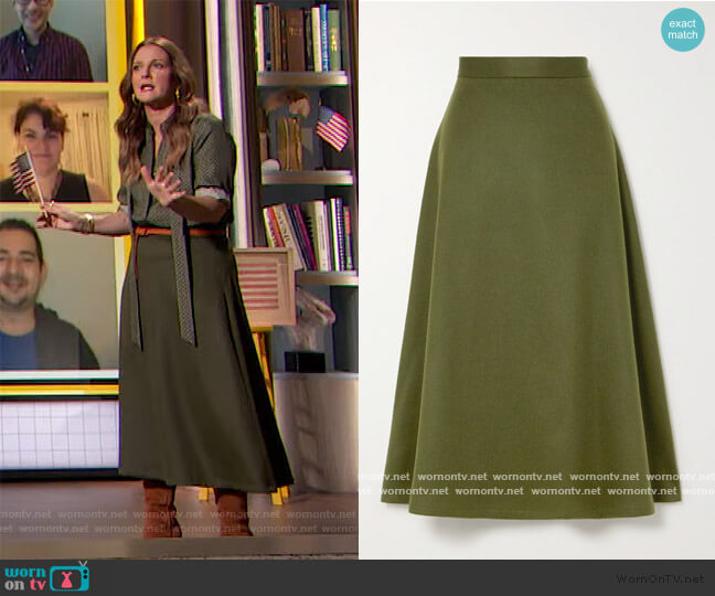 Giuliva Heritage The Ada herringbone camel hair midi skirt worn by Drew Barrymore on The Drew Barrymore Show