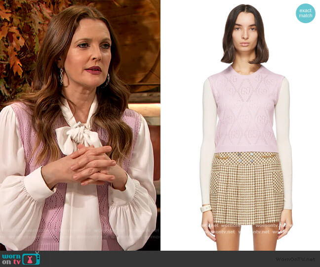 Gucci Pink GG Crochet Sweater Vest worn by Drew Barrymore on The Drew Barrymore Show