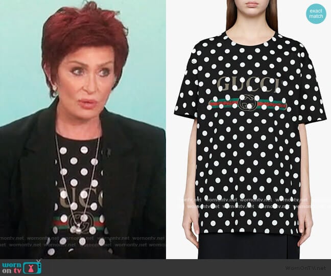 Gucci Logo Polka Dot Print T-shirt worn by Sharon Osbourne on The Talk