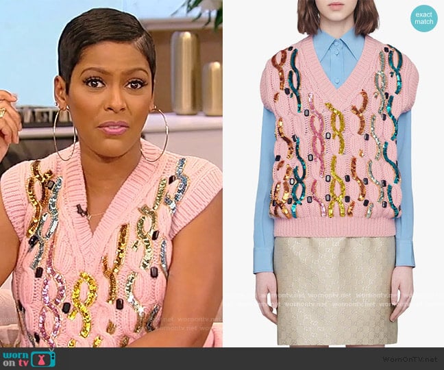 Gucci sequin embroidered wool vest worn by Tamron Hall on Tamron Hall Show