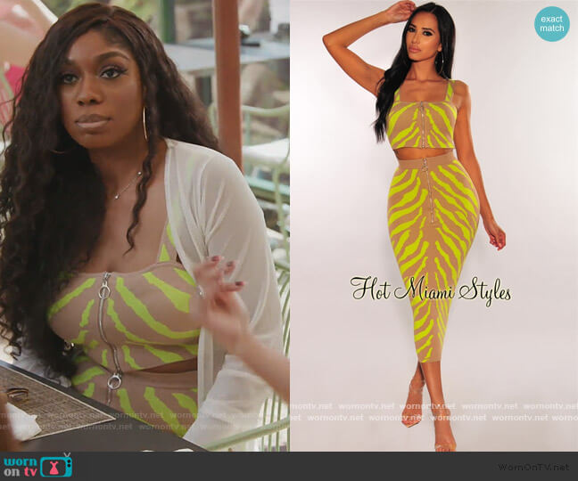 Hot Miami Styles Mocha Neon Lime Zebra Knit Skirt Two Piece Set worn by Wendy Osefo on The Real Housewives of Potomac