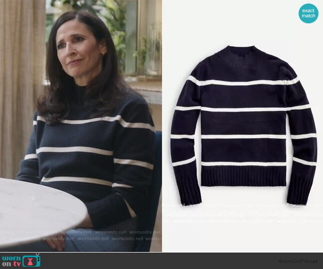 J. Crew Cashmere mockneck sweater in stripe worn by Delia (Michaela Watkins) on The Unicorn