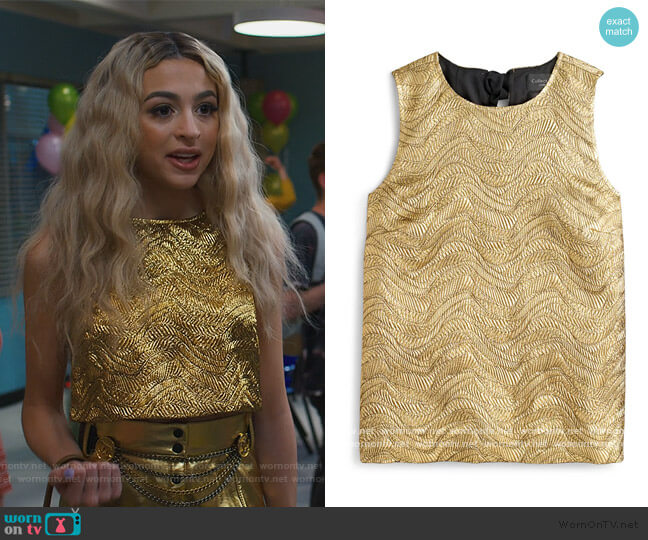 J. Crew Collection Metallic Leaf Jacquard Bow Back Top worn by Lexi (Josie Totah) on Saved By The Bell