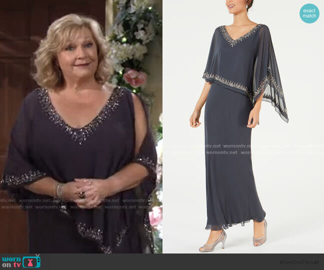 J Kara Bead-Embellished Cape Gown worn by Traci Abbott (Beth Maitland) on The Young and the Restless