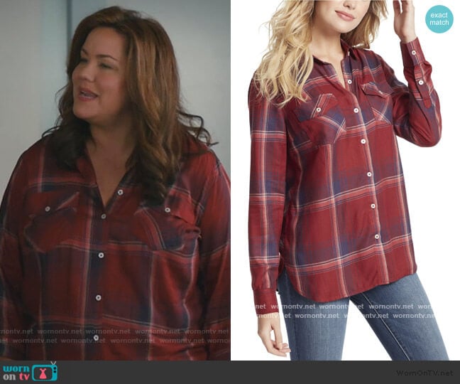 Jessica Simpson Petunia Plaid Shirt worn by Katie Otto (Katy Mixon) on American Housewife