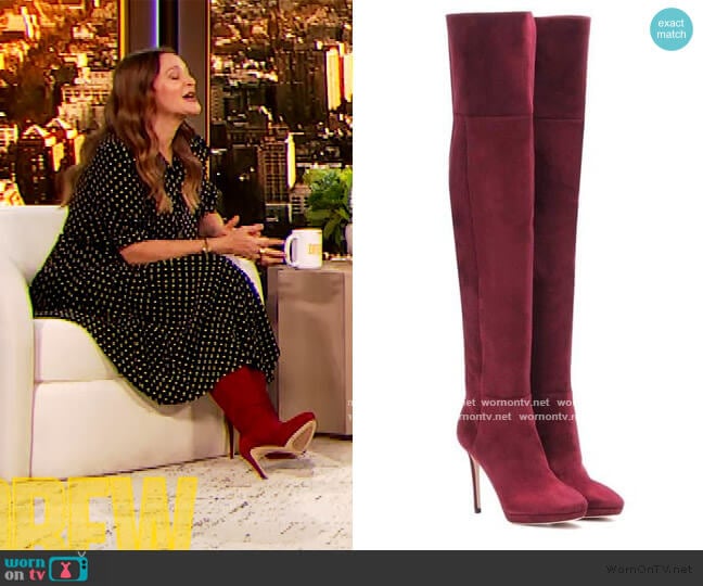 Jimmy Choo Haley 100 over the knee Suede Boots worn by Drew Barrymore on The Drew Barrymore Show