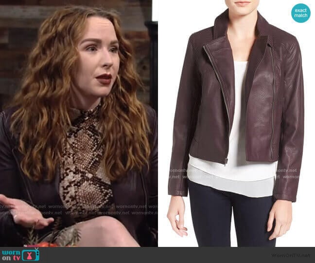 Cupcakes and Cashmere Joslyn Faux Leather Moto Jacket in Oxblood worn by Mariah Copeland (Camryn Grimes) on The Young and the Restless